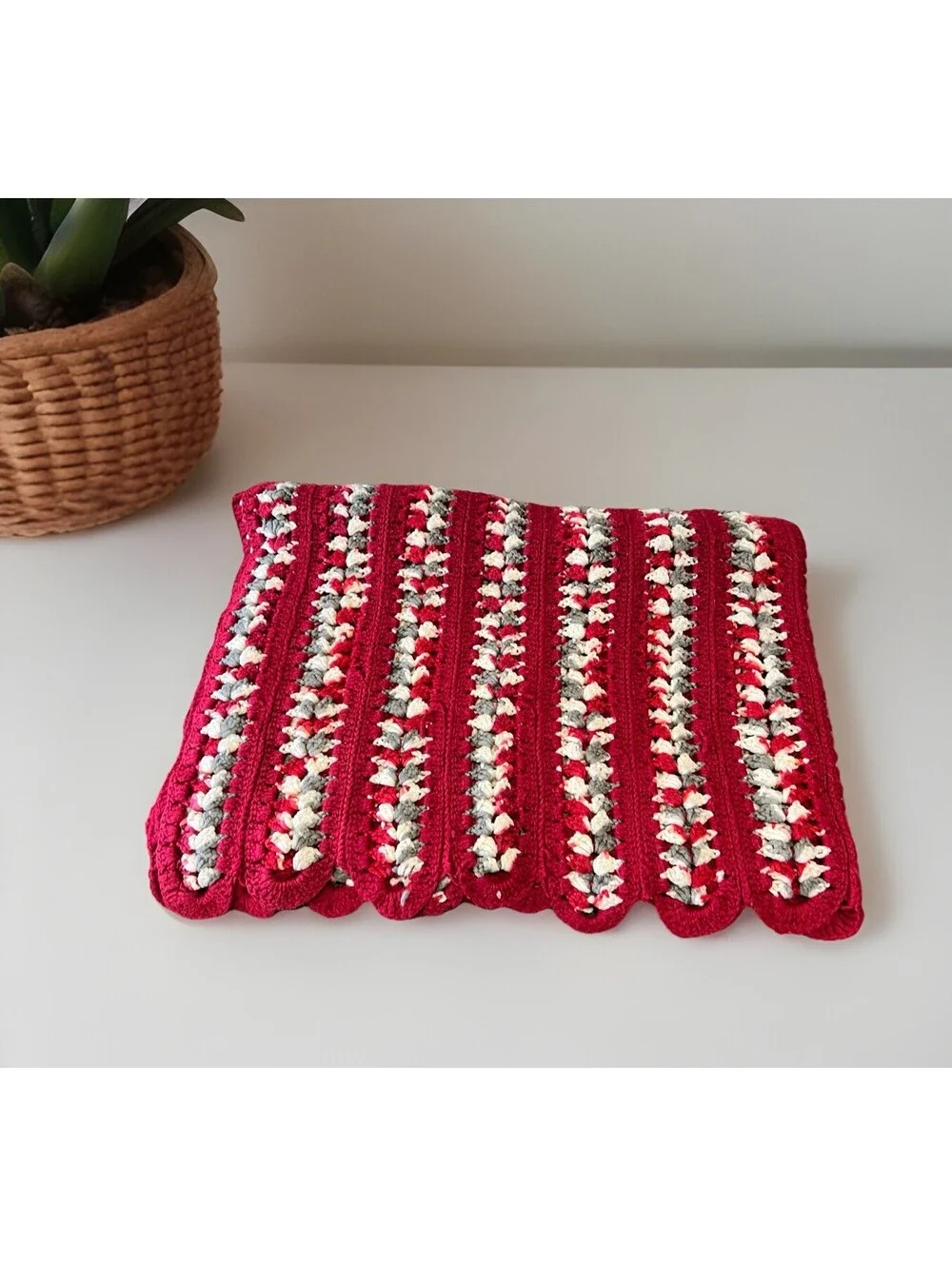 Vintage Handmade Crochet Red /Maroon, White, Gray Afghan 50”X 60”